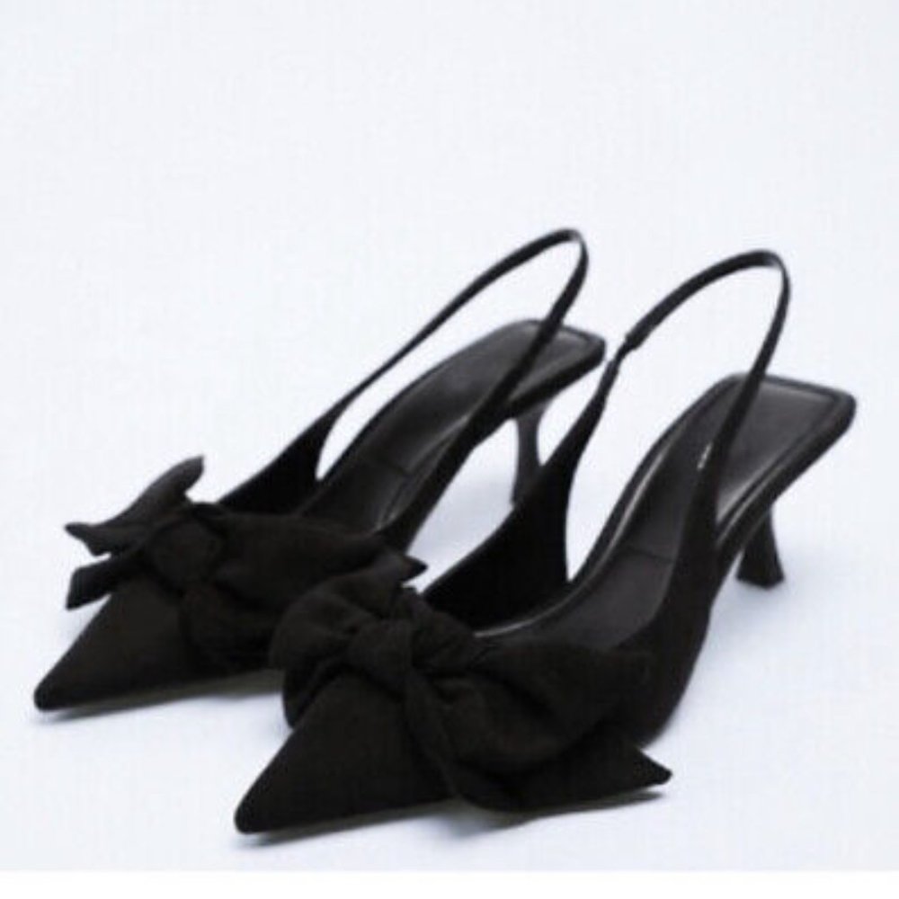Zara Faux Suede Slingback With Bow Shoes Black - Size 7